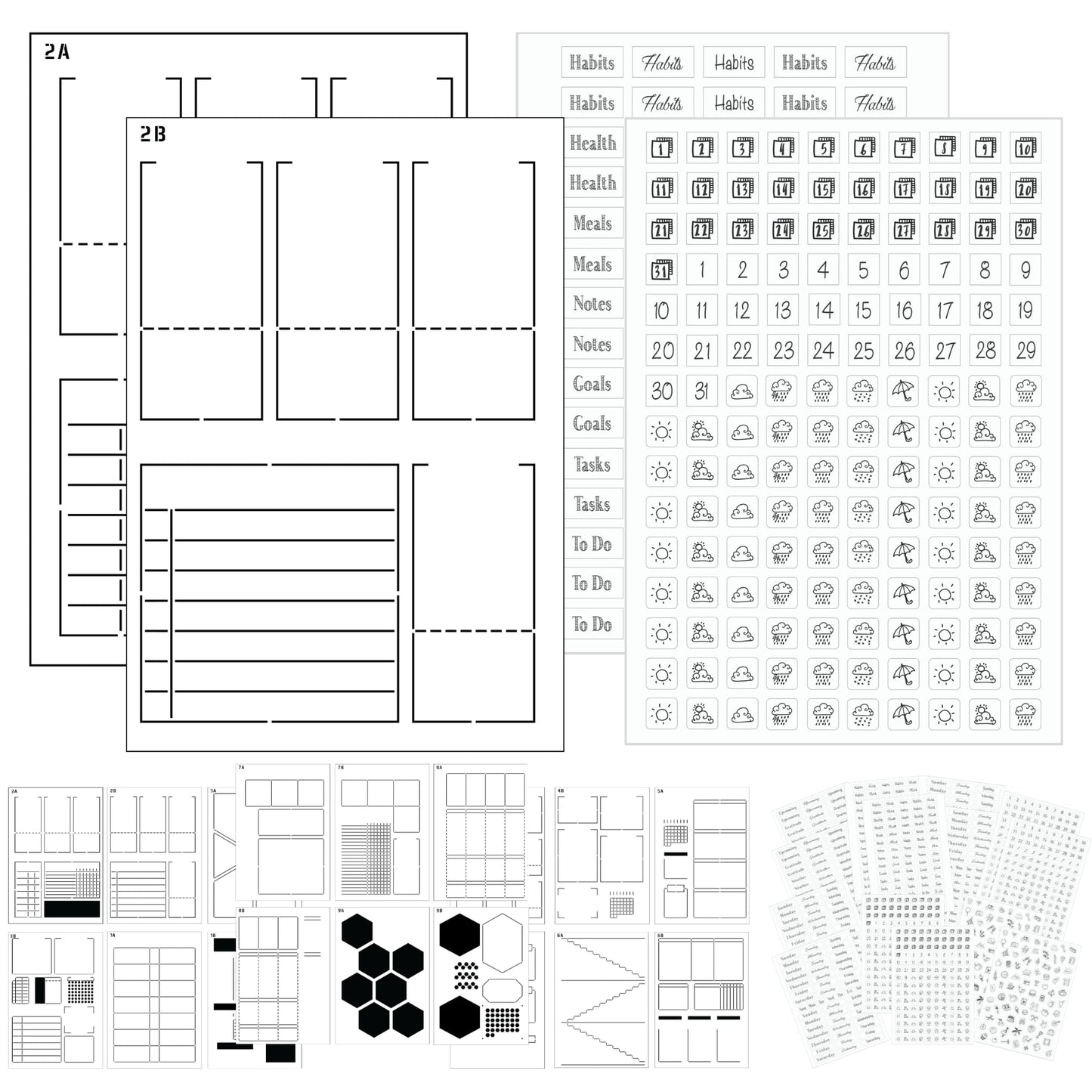 Weekly Planner Layout Journaling Supplies Kit (32 pcs) - 18 Weekly Layout A5 Planner Stencils and 14 Sheets Minimalist Planner Stickers, Planner Accessories Compatible with A5 Bullet Journals