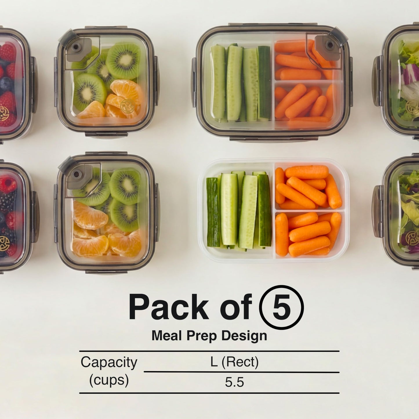 Clutterix Compartmentalized Plastic Airtight Food Storage Containers with Vented Lids, 3-Compartment Design, BPA-Free, 5-Pack (5.5 Cups Each) for Meal Prep and Portion Control