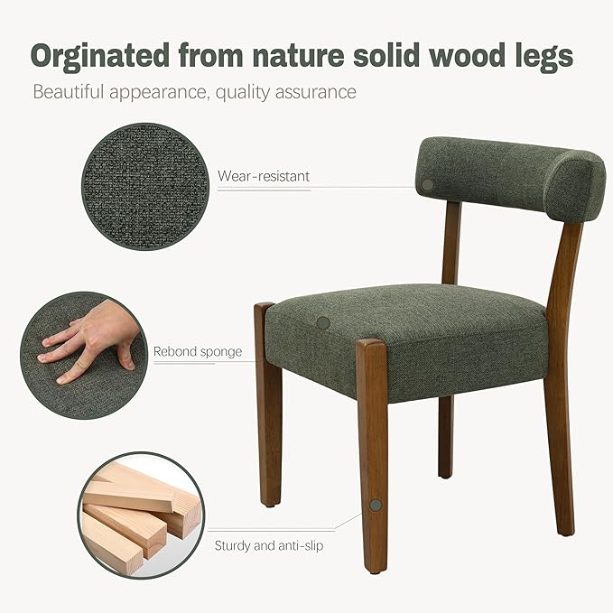 Modern Green Dining Chairs Set of 4, Walnut Upholstered Kitchen & Dining Room Chairs, Mid Century Modern Wooden Dining Chairs Oversized Sturdy Fabric Rounded Chairs Curved Back