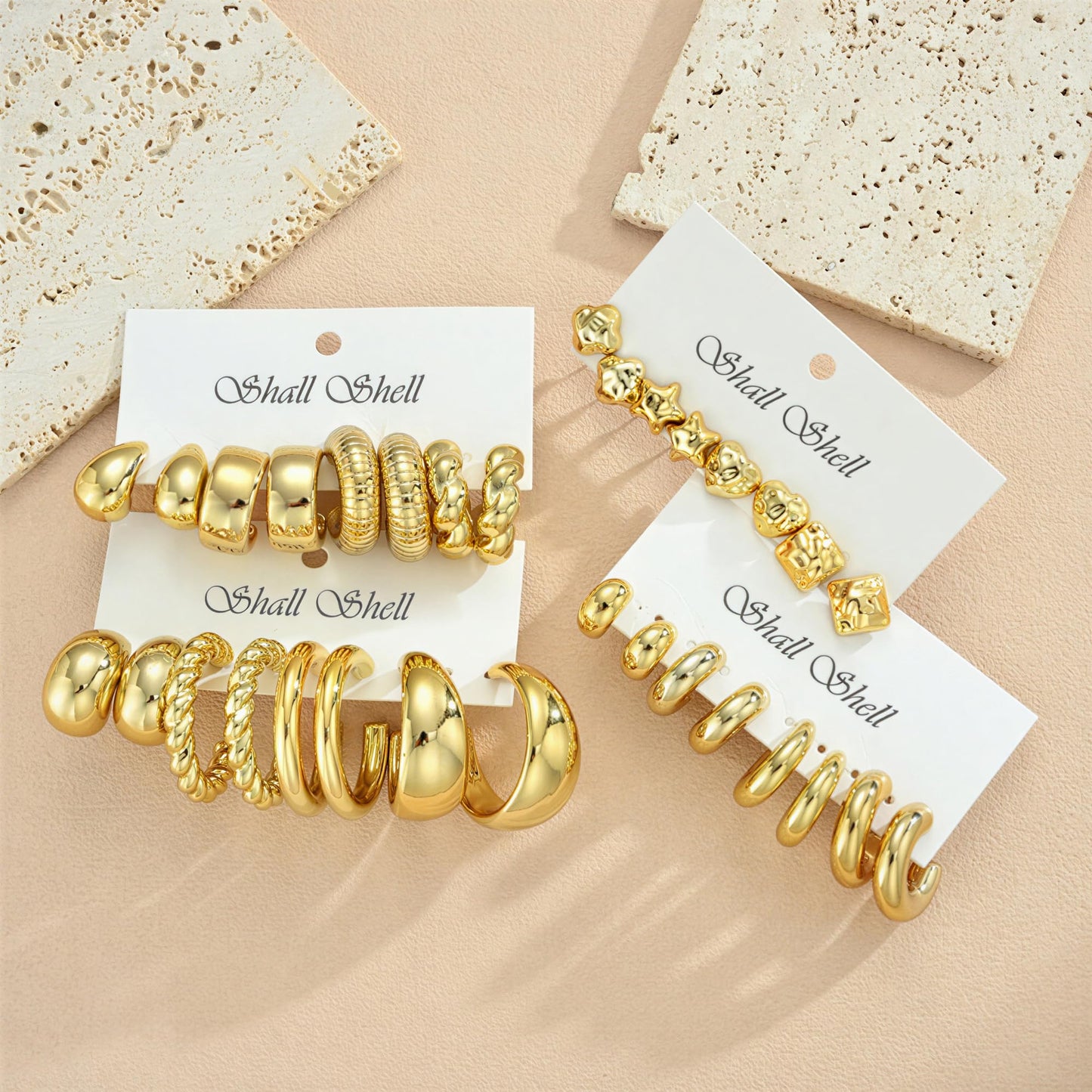 16 Pairs Starfish Chunky Gold Hoop Earrings Set for Women, Beach Shell Style Stack Statement Earrings, Hypoallergenic Lightweight Gold Plated Trendy Summer Jewelry Gift
