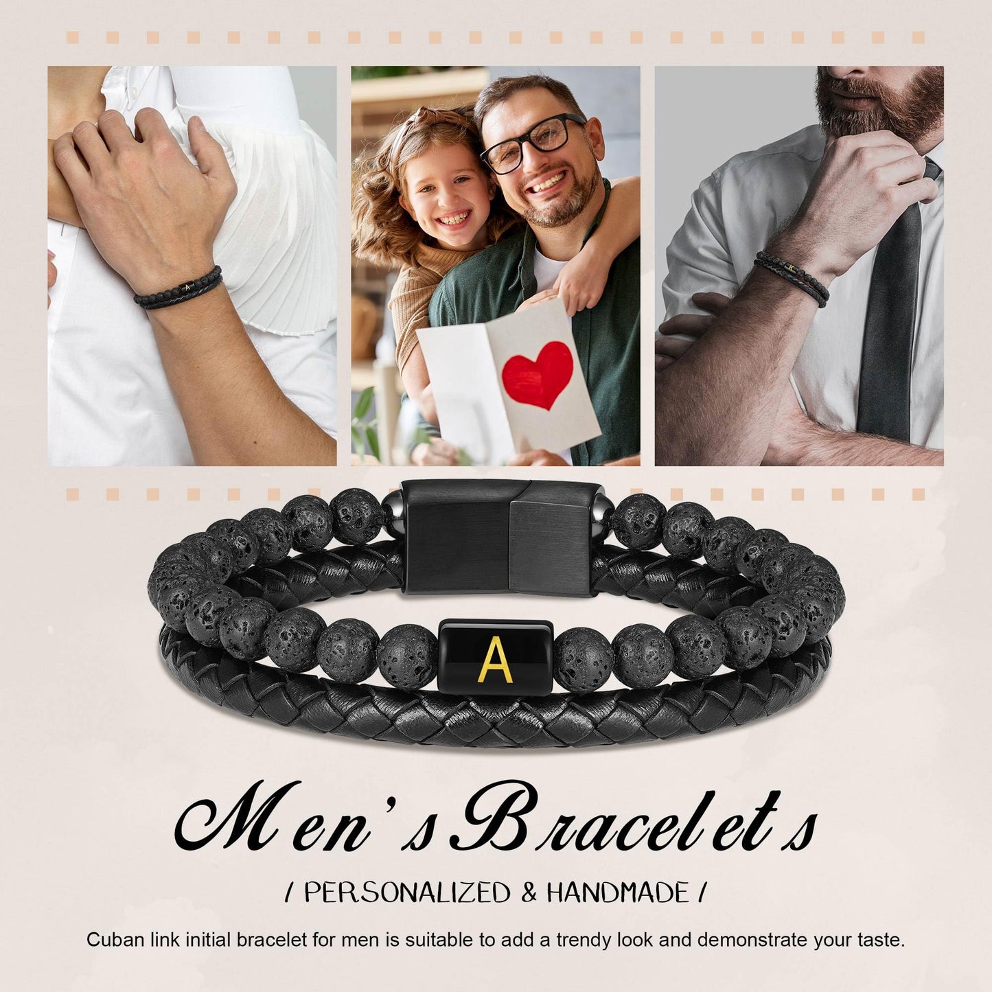 Initial Beaded Bracelet for Men with Lava Rock Beads and Leather