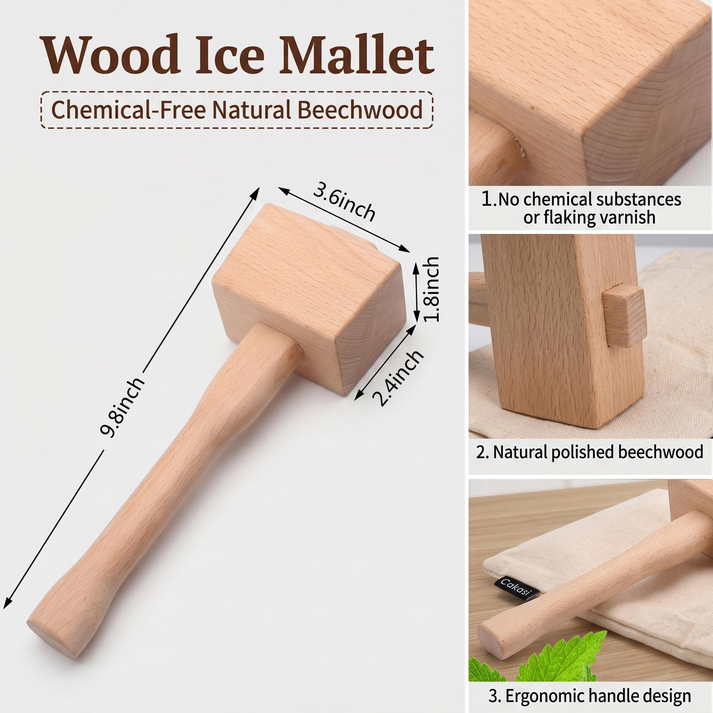 Cakasi Lewis Bag and Ice Mallet Crush Set, Wooden Hammer Reusable Canvas Bag for Crushed Use Home Party Bar Kitchen Dried Crushing Drinks