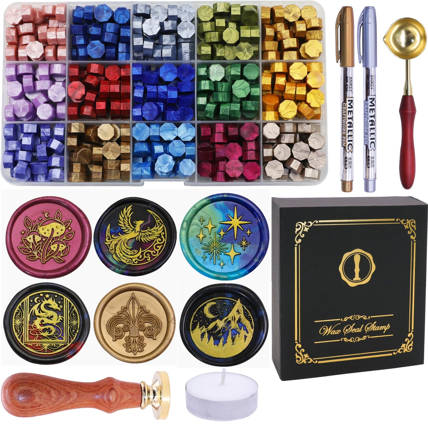 SWANGSA Starry Wax Seal Stamp Kit with 450pcs Sealing Wax Beads, 2 Pens and Spoon for Wedding, Invitations, Cards, Envelope, Christmas