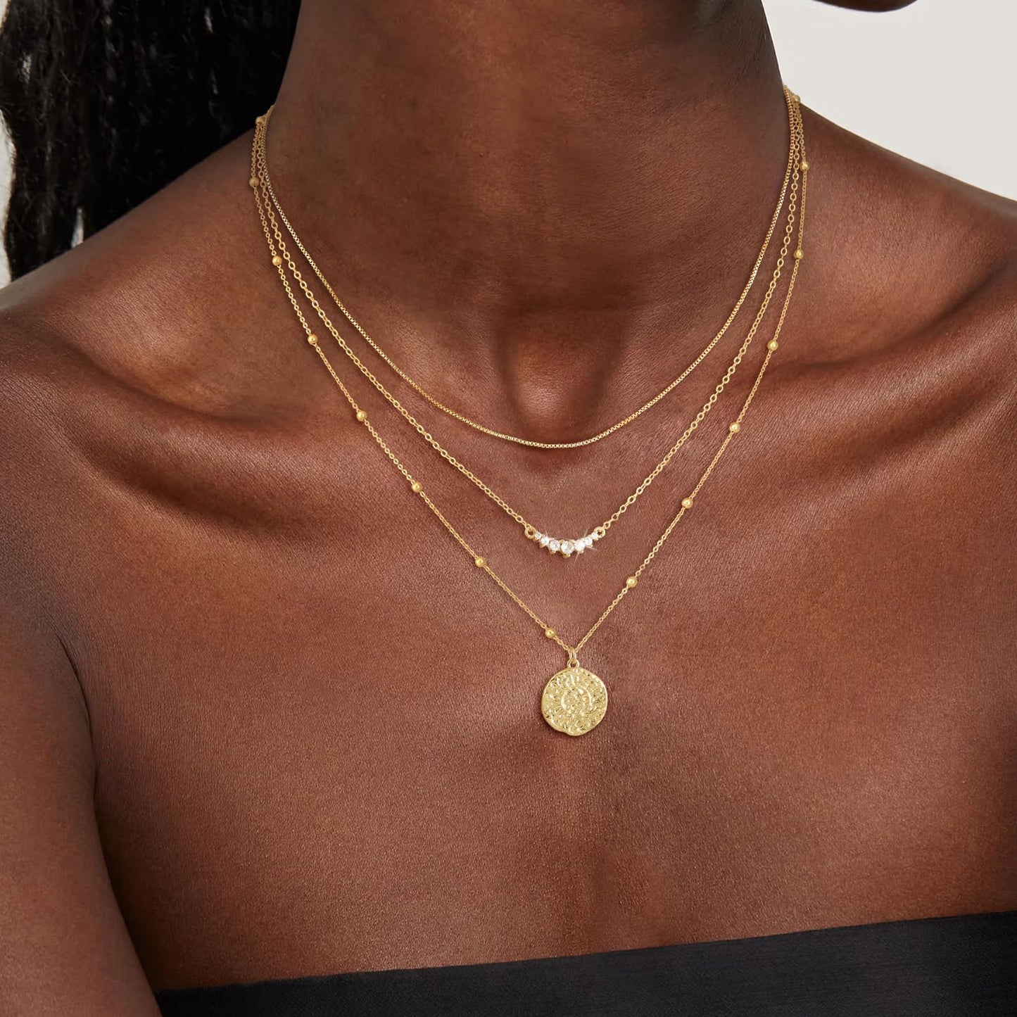 CHESKY 14K Gold Plated Layered Necklaces for Women,Dainty Stackable CZ Bar Disc Pendant Necklace Adjustable Layering Beads Box Chain Choker Necklace Gifts