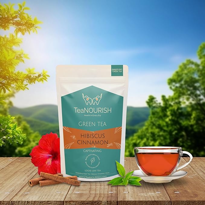 TeaNOURISH Hibiscus Cinnamon Green Tea | Darjeeling Loose Leaf | 100% Natural Hibiscus Flower, Cinnamon & Clove | Delicious & Refreshing | Brew Hot or Iced Tea - 3.53oz/100g