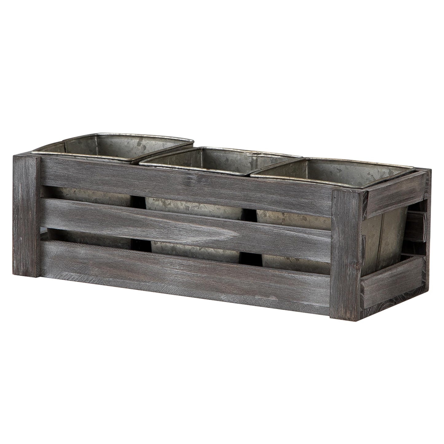 SOFE Rustic Wood Planer Box with 3 Galvanized Planter Pot, Indoor Windowsill Herb Garden Organizer, Plant Containers for Flower Succulent, Distressed Gray Finish