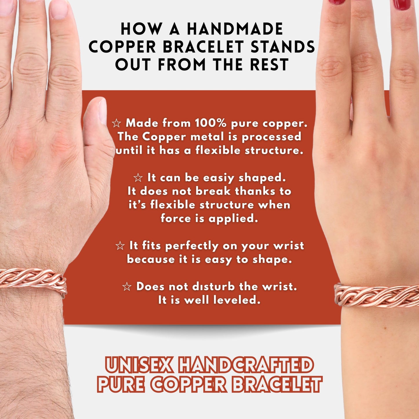 tunarts Handmade Elegant Copper Bracelet for Women and Men-Pure Copper Bracelet for Pain Relief-Adjustable,Thickest,Twisted Copper Wire Bracelet (red folded-small)
