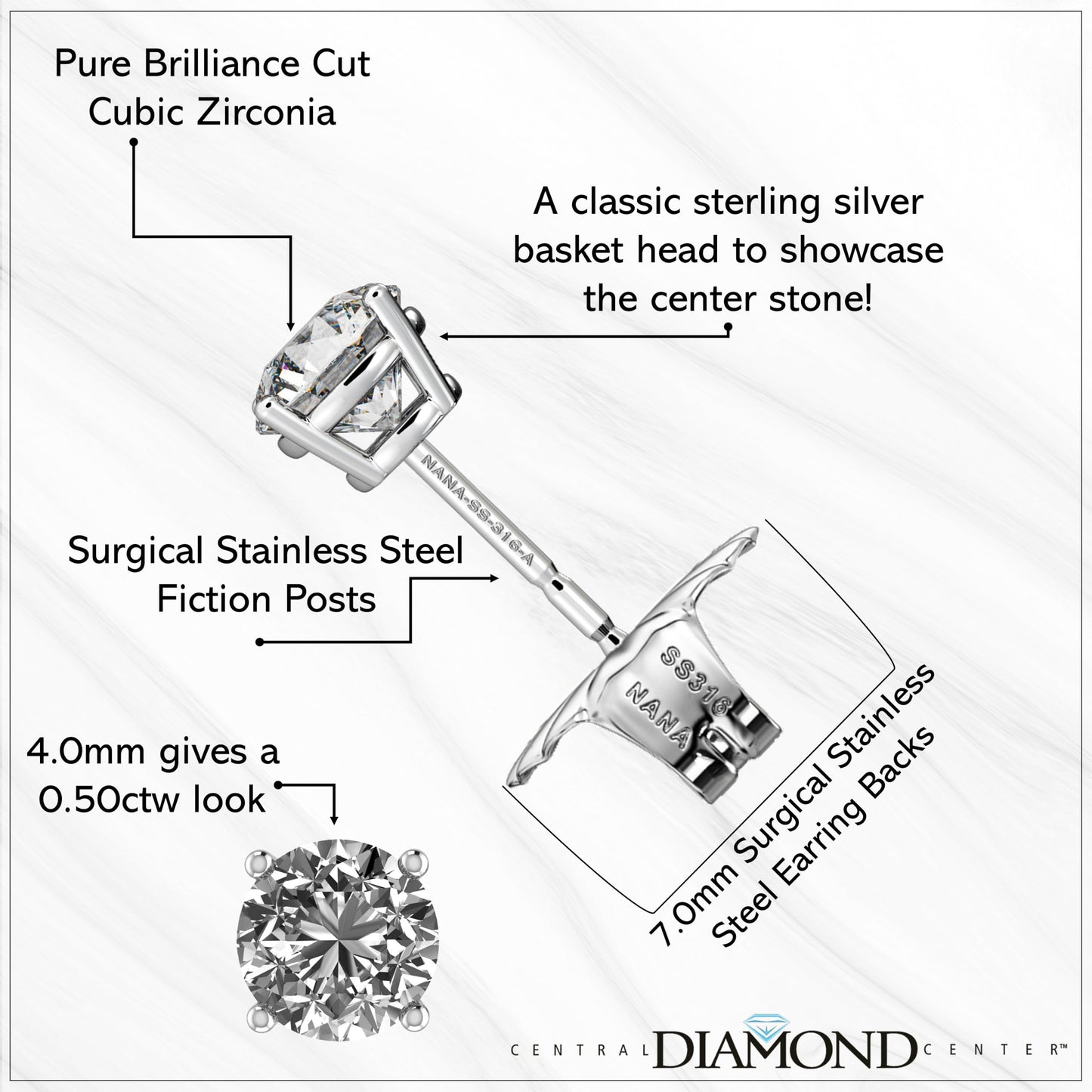 Central Diamond Center Round Simulated Diamond Stud Earrings Hypoallergenic Metal & Sterling Silver CZ - 4.00mm (0.50cttw) Rose
