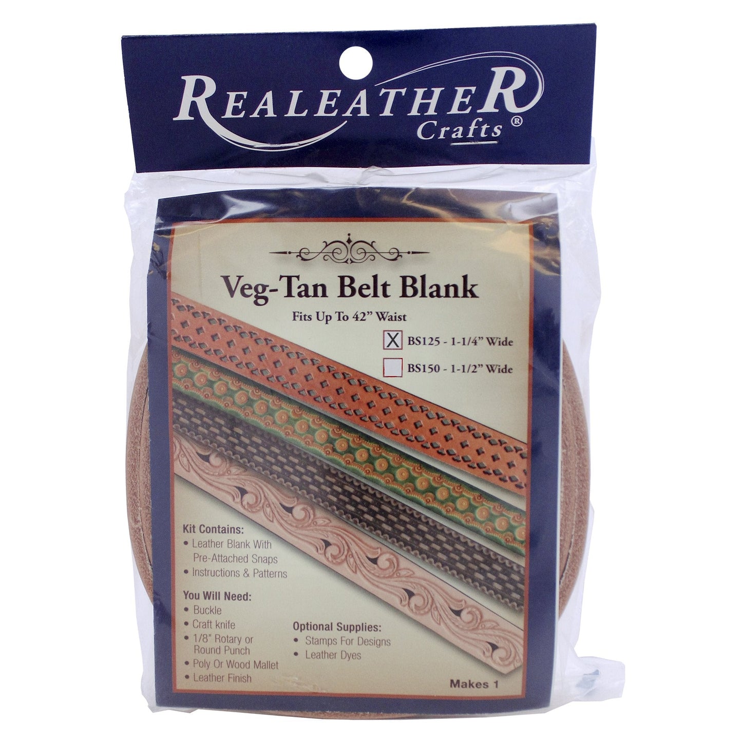 Realeather BS150-00 Tooling Belt Strips, Blank Leather Strap with Pre Cut Buckle Slots, 1.5" W X 42" L, Natural, 1-Piece