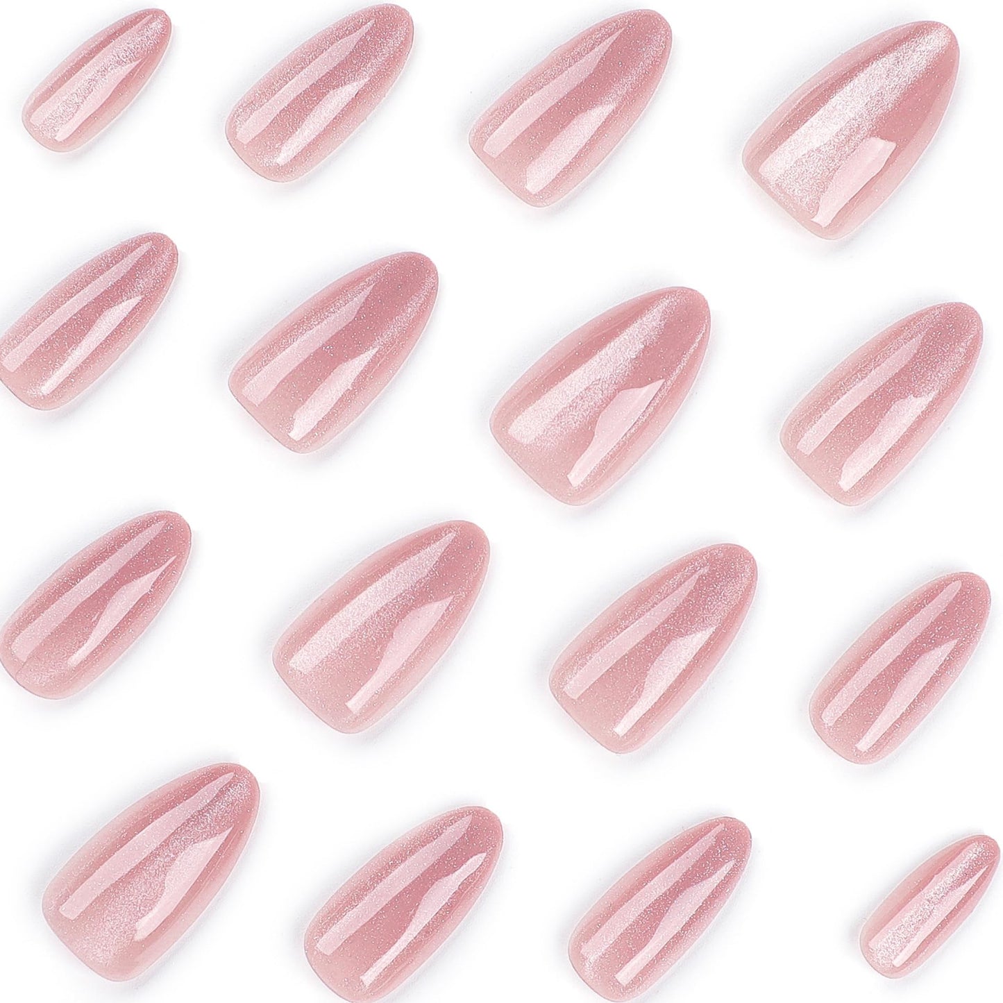 Almond Press on Nails Medium - Pink Fake Nails with Glitter Design - Glossy False Nails Full Cove Stick on - for Women 24 Pcs