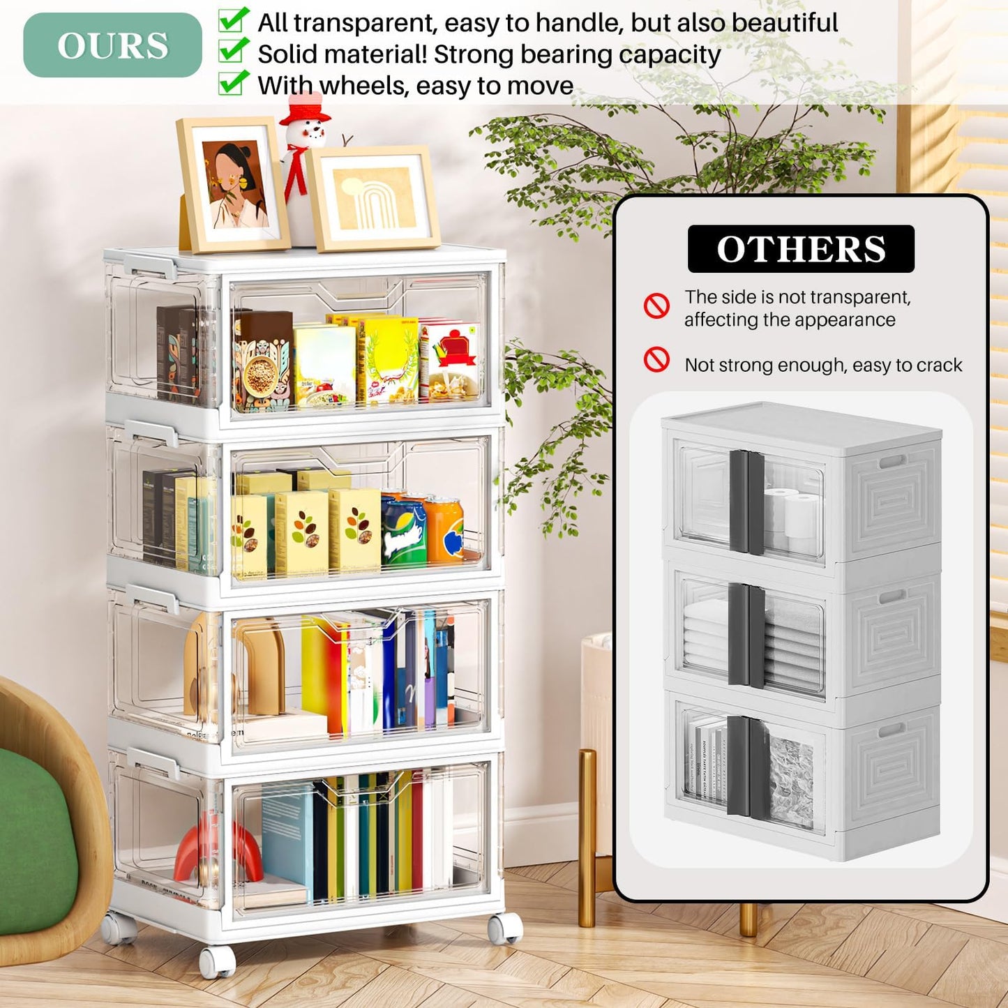 Kmiectse Clear Storage Bins with Lids - 4 Tier Plastic Bins with Wheels, Stackable Storage Bin, Closet Organizers Box for Bedroom, Living Room, 23 QT Folding Box with Magnetic door