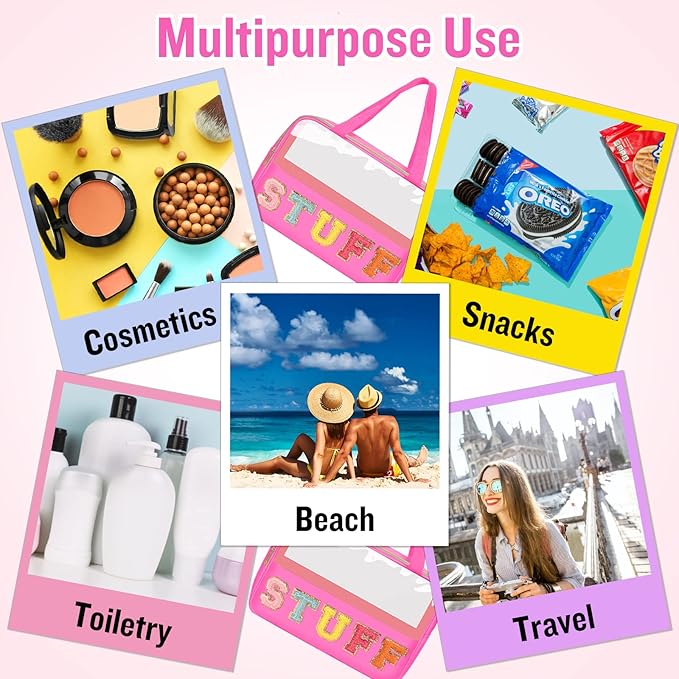 Chenille Letter Clear Makeup Bags Stuff Tote, Preppy Patch Makeup Bag Zipper with Handle, Waterproof PVC & Nylon Portable Glitter Large Cosmetic Travel Toiletry Storage for Women Girls(STUFF-Rose)