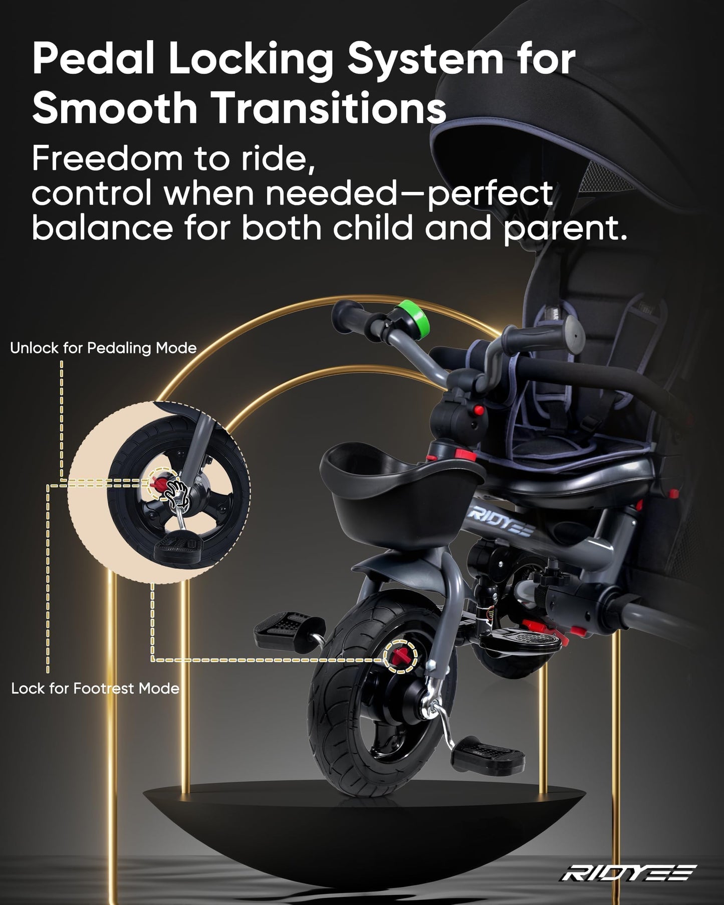 RIDYEE 7-in-1 Folding Toddler Tricycle for 18 Months to 5 Years, Tricycle Stroller with Dual Brakes, All-Terrian Rubber Tire, Tricycle for Toddlers with Rotatable Seat, Adjustable Push Handle, Grey