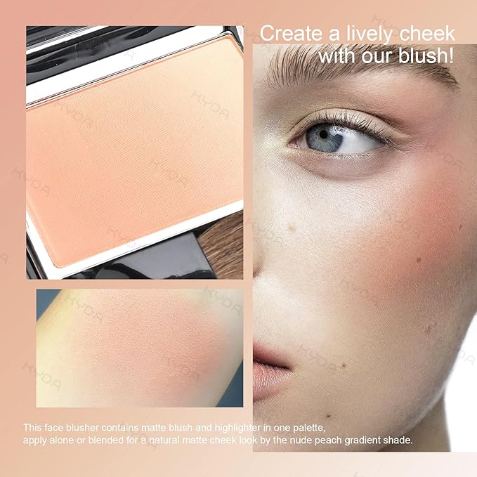 KYDA Peach Matte Gradient Blush, Gradient Light Apricot Peach Color, Ultra-fine Matte Powder Blush, Soft Buildable Cheek Color, Lightweight Smooth, Multiuse Blusher Compact