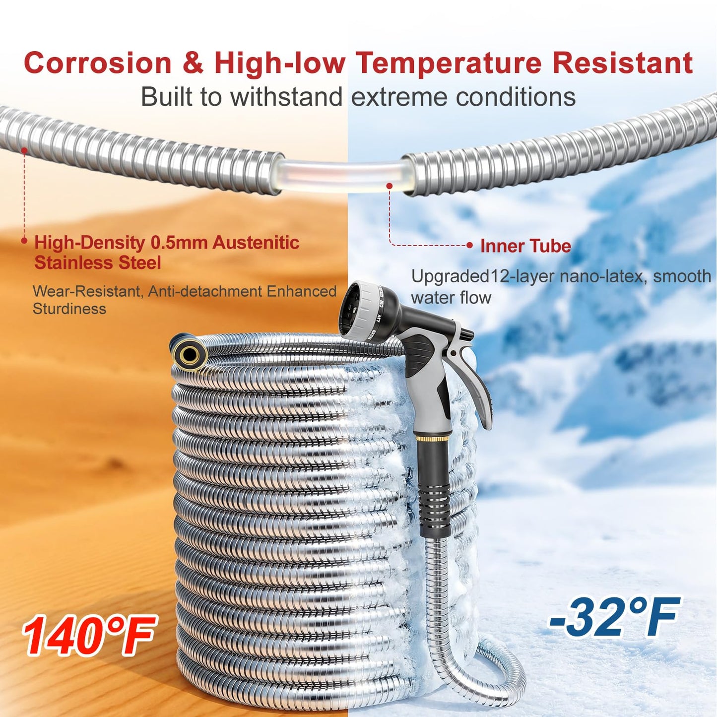 Lefree 125ft Stainless Steel Garden Hose - No-Kink Leak-Proof Crush Resistant, Dog Chew Proof with Upgraded Protective Rubber Sleeve, 10-Function Nozzle for Large Yard, Gardening, RV, Pet Bath