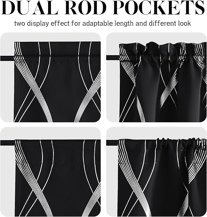 NICETOWN Thermal Insulated Door Blackout Curtains for Bedroom, French Door Curtain with Silver Print Foil Wave Striped Pattern for Narrow Glass, 25 x 72 inches Long, 1 Panel, Black