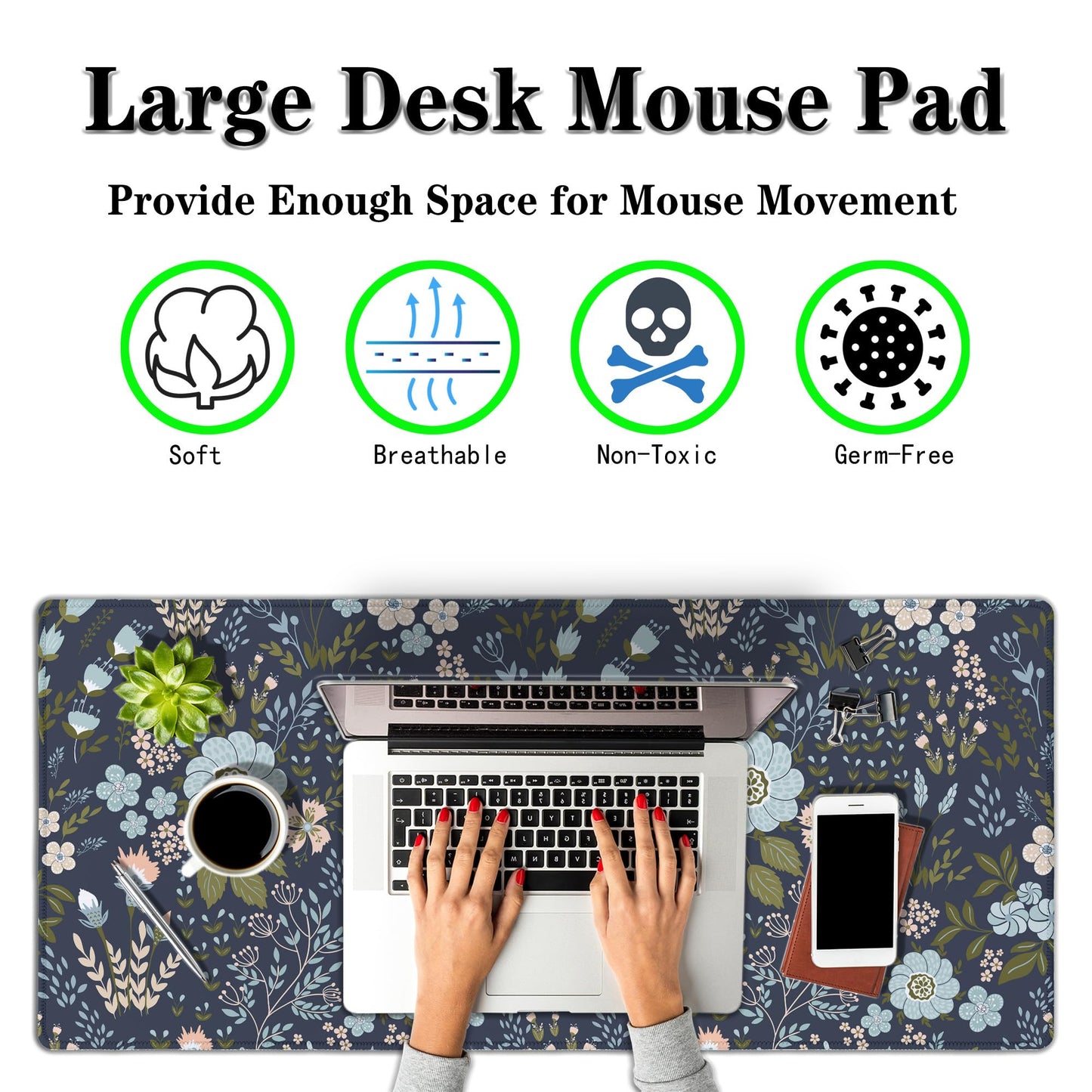Samgula Office Desk Pads Floral Pattern Jumbo Mouse Pad Gaming Mousepad Large Mouse Pads The Desk Mat Non-Slip Rubber Base Waterproof with Stitched Edges 35.4 X 15.7 for Game Office,