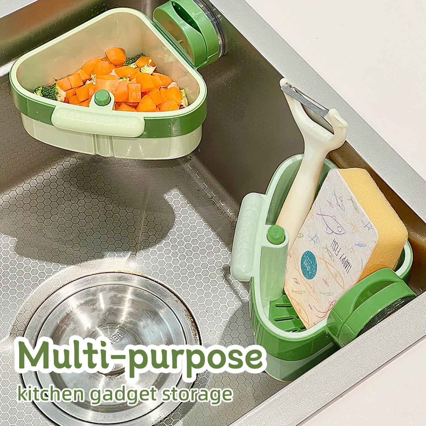 Suction Cup Sink Corner Rack 2026 Upgrade Corner Sink Strainer Basket Automatic Dumping Suction Cup Press Sinks Drainer Basket Faucet Sponge Storage Rack Food Waste Catcher for Sink (1PC - Green)
