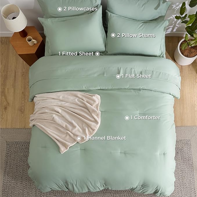 Bedsure King Comforter Set Sage Green, 8 Pieces Prewashed King Size Bed in a Bag with Soft Fleece Bed Blanket, Down Alternative Bedding Set for All Seasons, Sheets, Pillowcases & Shams