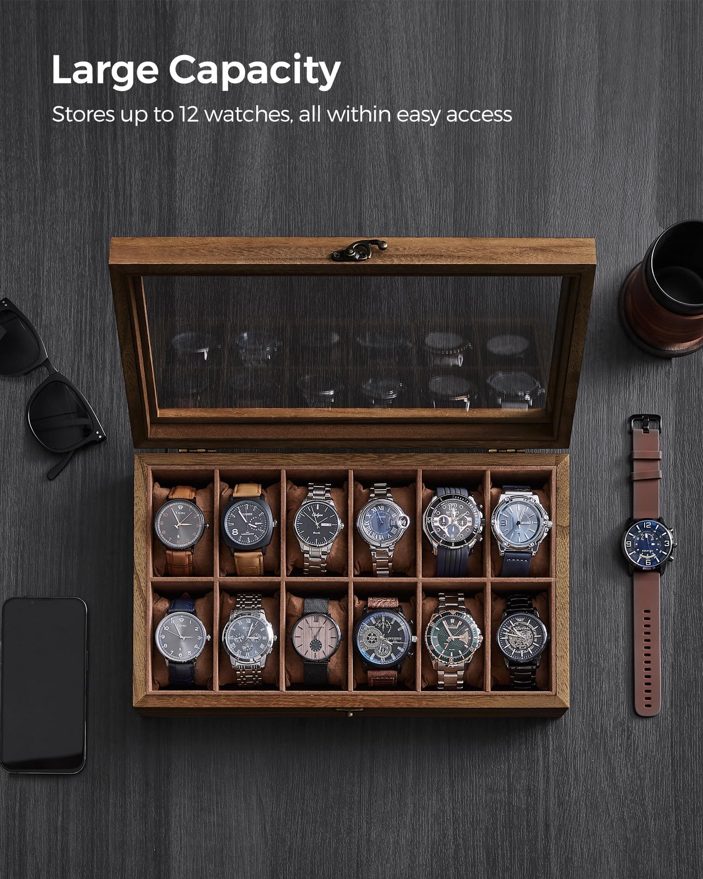 SONGMICS 12-Slot Watch Box, Watch Display Case with Large Glass Lid, Removable Watch Pillows, Velvet Lining, Gift Idea, Rustic Walnut UJOW120K01
