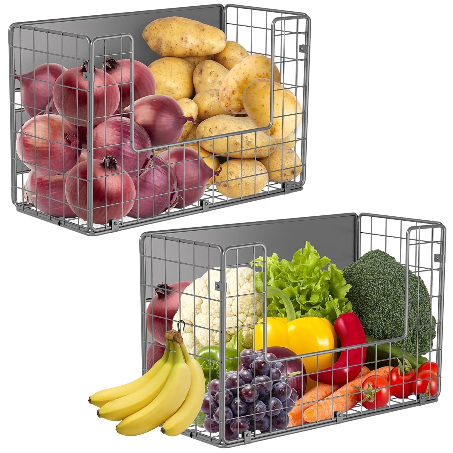 Ofiray-home Magnetic Fridge Shelf, Fruit Potato & Onion Storage Bins, Pantry Organizers, Large Container Basket for Refrigerator, Kitchen Counter, Cabinet (2, Silver)
