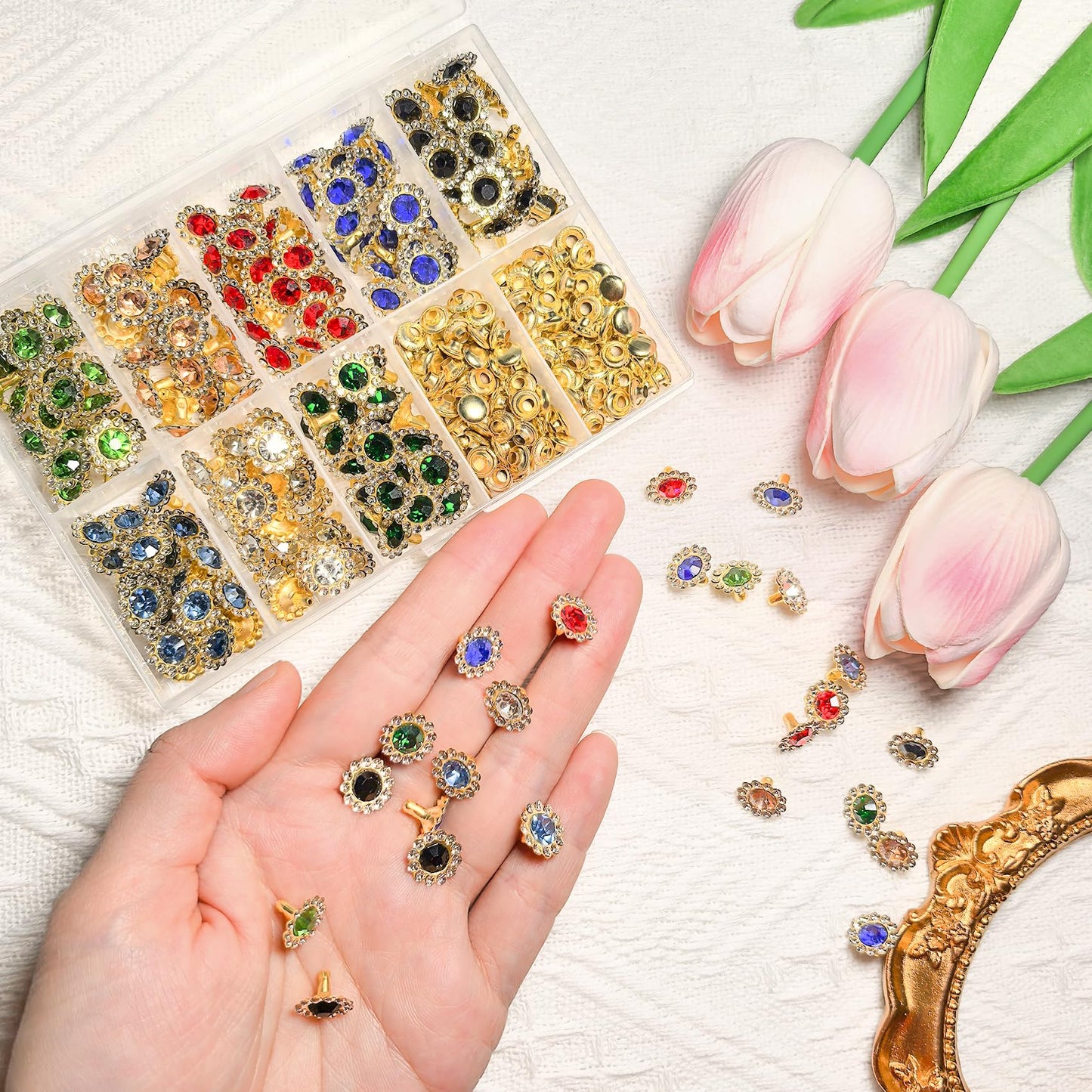 160 Sets Colorful Rhinestone Rivets 11mm Flower Rhinestone Stud Leather Rivets for DIY Bags, Belts, Jackets, Leather Art and Crafts