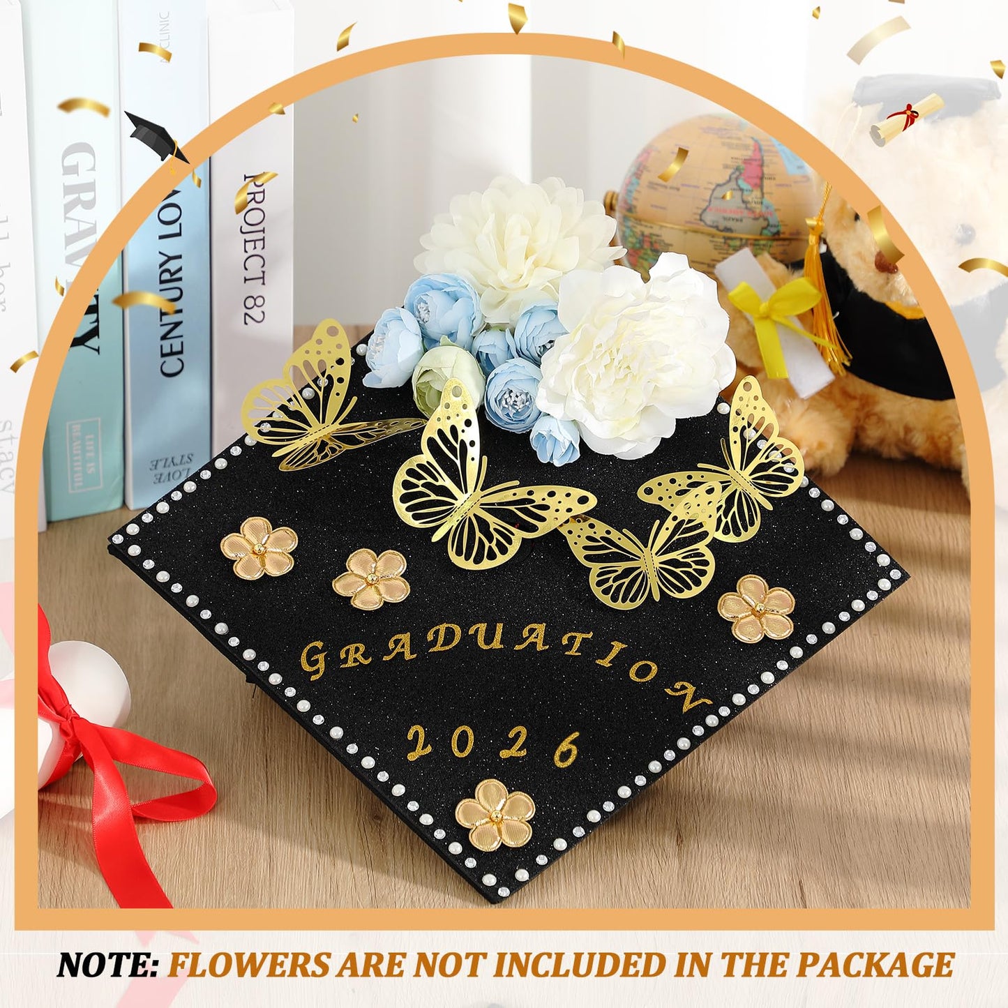Colarr 68 Pcs Graduation Cap Decorations Kit 2026 Glitter Construction Paper Gold Artificial Flower 3D Butterfly Stickers Glitter Rhinestones Alphabet Letter Number Stickers for DIY Grad Cap Topper