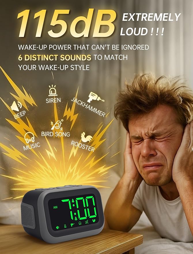 Acedeck Super Loud Alarm Clock: 115dB Wake-Up Power | Dual Alarms and 6 Alarm Sounds for Heavy Sleepers Adults and Shift Workers - Bedroom and Daily Wake-Up Use (Green Digits)