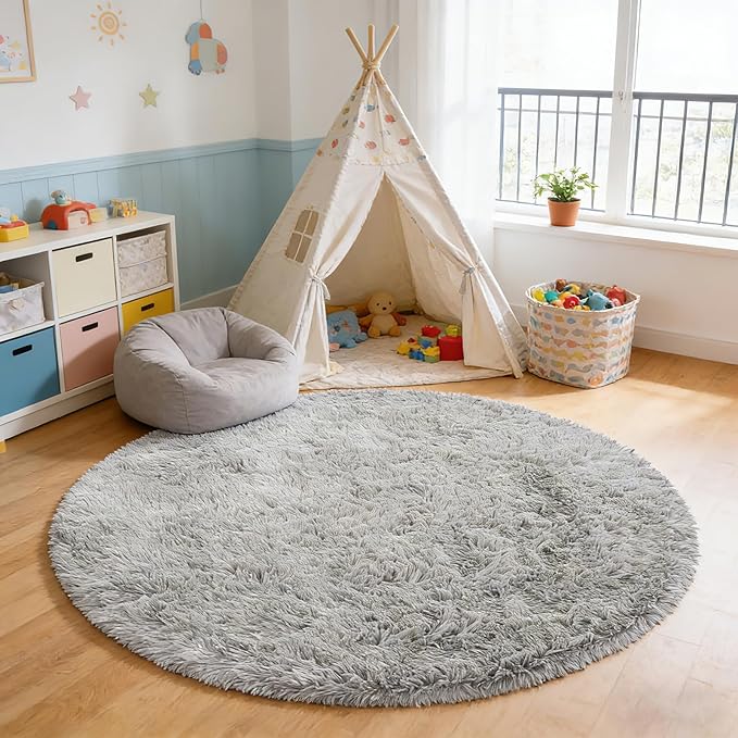 yulidayang Soft Round Area Rug for Kids Bedroom, Fluffy Fuzzy Shaggy Rug 3'X3'for Living Room, Non Slip Circle Plush Rug for Girls Room Nursery Dorm Decor,Light Grey