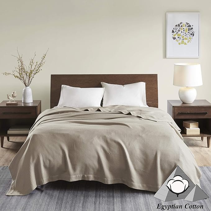 Madison Park Soft Certified 100% Egyptian Cotton Breathable Cozy Blanket, Premium Waffle Knit Classic Design, Luxury All Season Lightweight Cover for Bed, Couch and Sofa, Khaki Twin(66"x90")