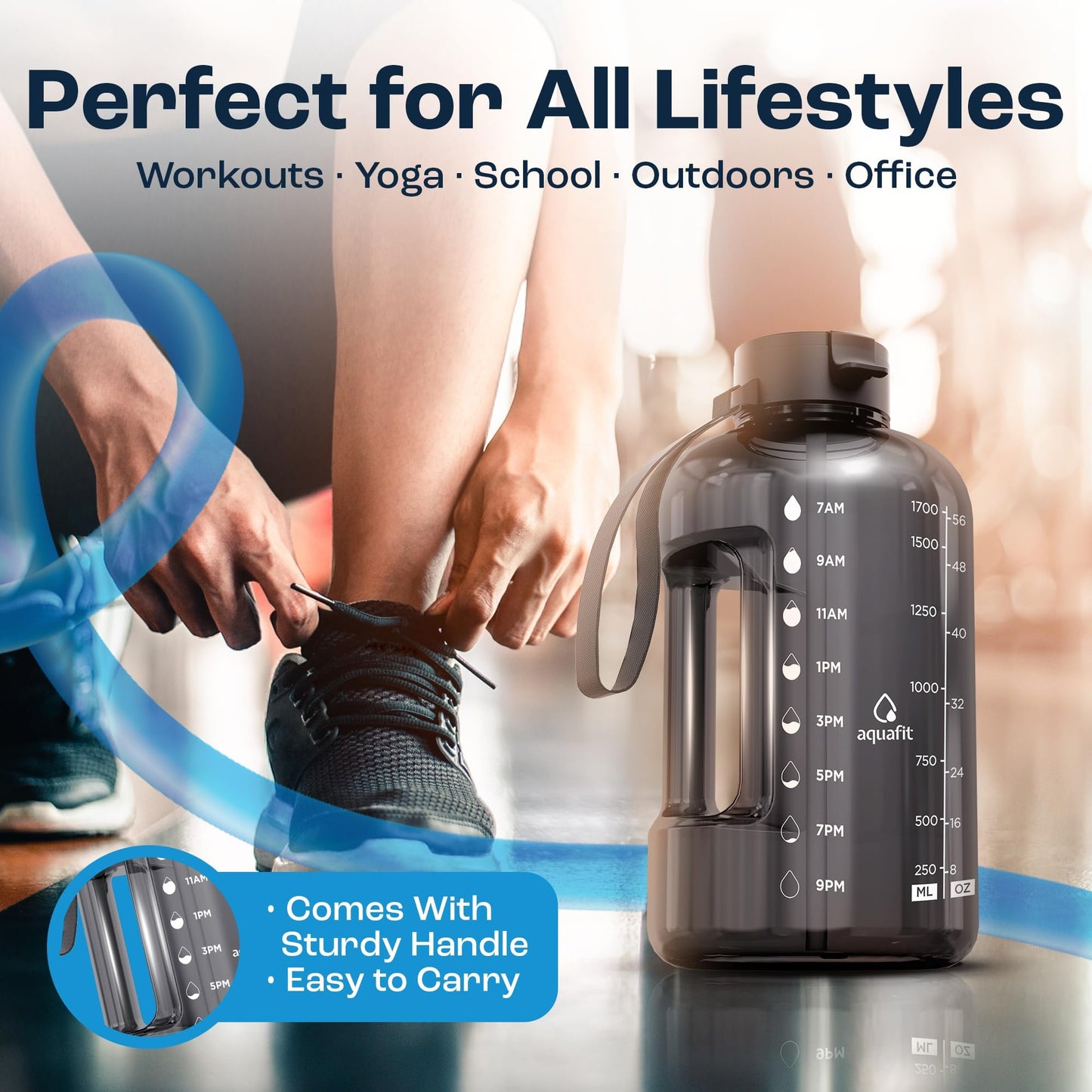 AQUAFIT 64 oz Water Bottle with Time Marker - Straw & Chug Lid - BPA Free Half Gallon Gym Water Bottle with Handle - Big Gallon Jug (Gray, 64 Ounces)