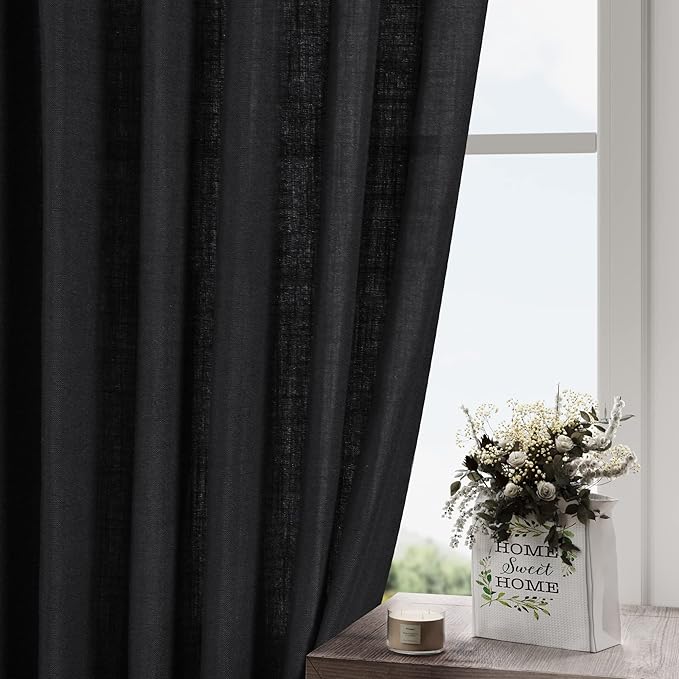 Solid Black Curtains 96 Inches Long 2 Panel Set Back Tab Sheer Black Linen Curtain Modern Farmhouse Muslin Look Cotton Textured Gauze Curtains 96 inch Length for Patio Sliding Door Office Bedroom