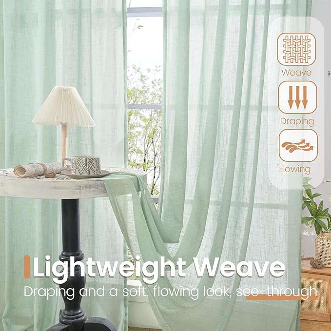 BGment Sage Green Linen Semi Sheer Curtains for Living Room 63 Inch Length - Light Filtering Drapes for Bedroom Dining Natural Rustic Spring Decorative Rod Pocket Lightweight, 2 Panels, 52 X 63 Inch