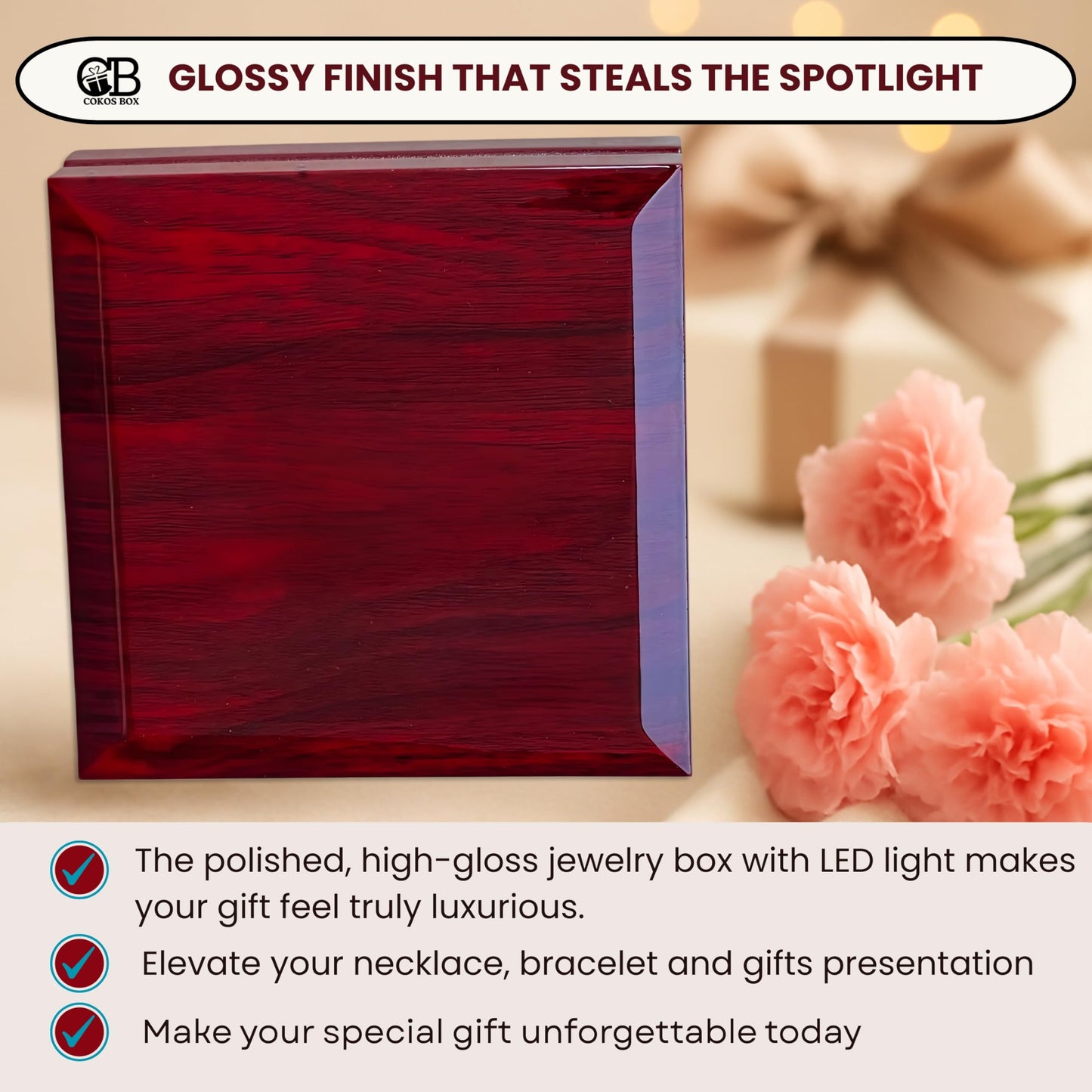 Necklace Box with LED Light – Small Jewelry Display Case for Bracelet, Earrings, or Chains – Luxury Lighted Wooden Presentation Box for Gifts, DIY Crafts (Mahogany White Interior, 5 X 5 Inch)