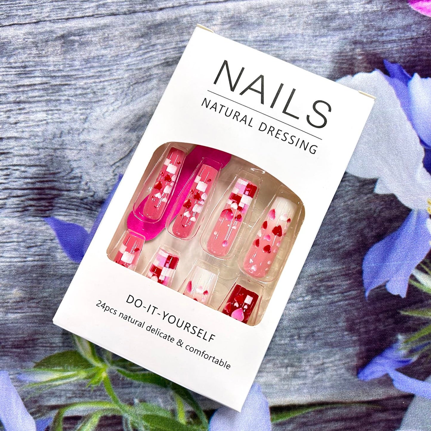 Valentine's Press on Nails Long Length Valentine's Acrylic Nails 3D Pink Red Love Heart Design Full Cover Glue on Nails Glossy False Nails Valentines Stick on Nails for Women Holiday Nails