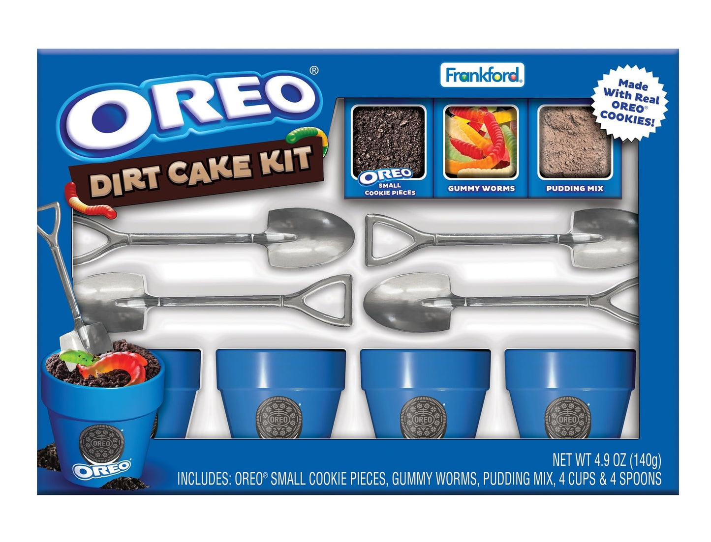 Frankford OREO DIY Dirt Cake Kit with Real Cookie Pieces, Gummy Worms, Chocolate Pudding Mix, Shovel Spoons, and Ceramic Cups