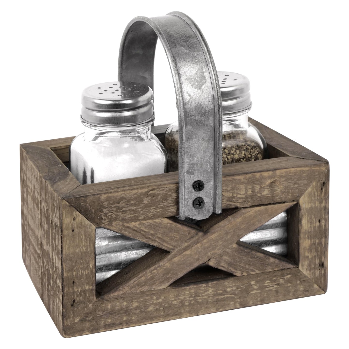 Autumn Alley Barn Door Rustic Salt and Pepper Shakers Set in Wood and Galvanized Caddy, Farmhouse Salt and Pepper Shakers For Rustic Kitchen Decor, Rustic Kitchen Accessories for your Country Kitchen