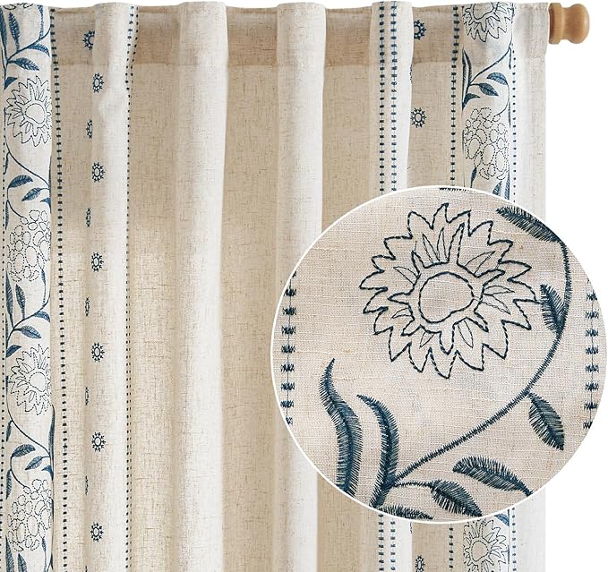 jinchan Winslow Linen Curtains for Bedroom 63 Inches Length Embroidered Bordered Floral Curtains for Living Room Farmhouse Decor Light Filtering Window Treatments Blue on Beige Drapes 2 Panels