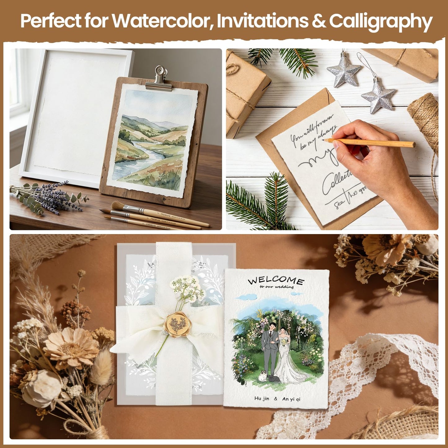 Deckled Edge Paper 4x6, 50 Sheets Handmade Watercolor Paper, 300 GSM Natural Textured Paper, Rough Cotton Paper for Invitations, Calligraphy, Painting & Craft Projects