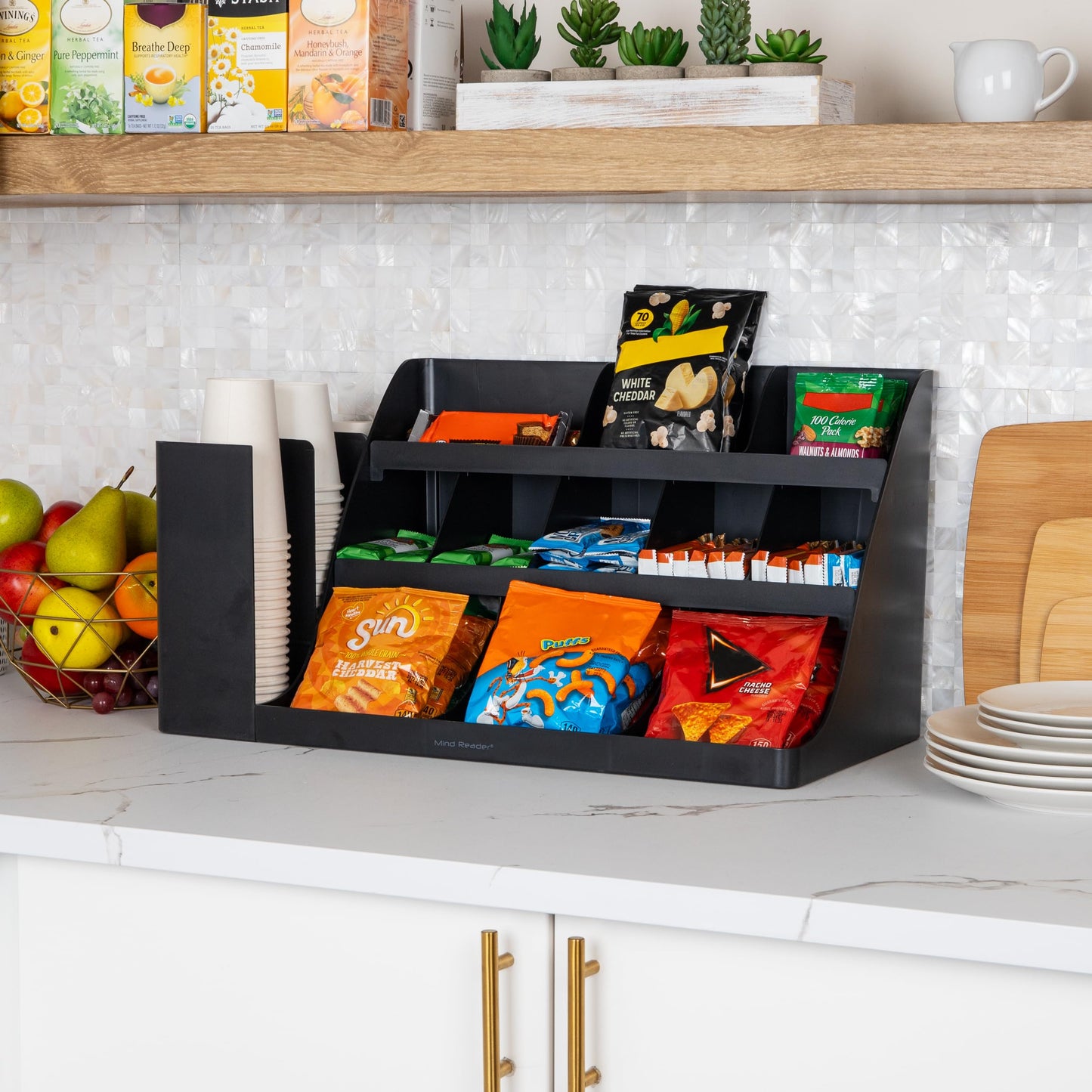 Mind Reader Cup and Condiment Station, Countertop Organizer, Coffee Bar, Kitchen, Stirrers, Black