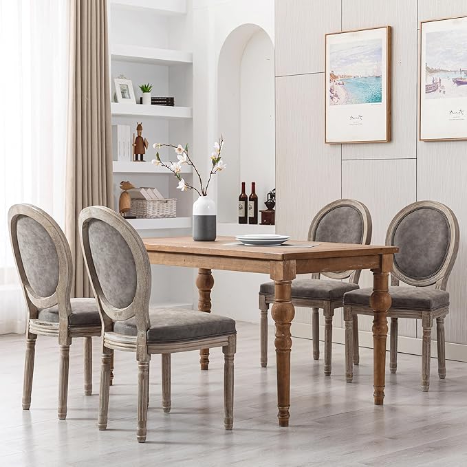 Farmhouse Leather Dining Room Chairs Set of 4 French Dining Chairs with Round Back, Wood Legs, French Bistro Chairs for Dining Room/Living Room/Kitchen/Restaurant, Grey