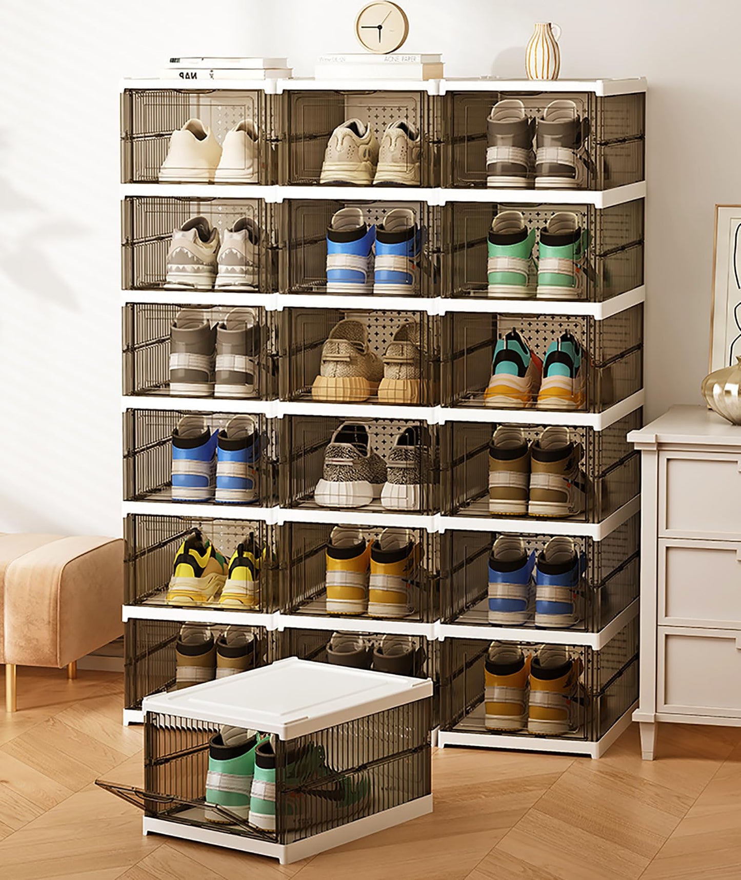 M ACHOOSE Shoe Storage Organizer Box 6-Tier Foldable Collapsible Stackable Shoe Rack Bins, Fit Size 12, No Assembly, for Men and Women (Transparent gray)