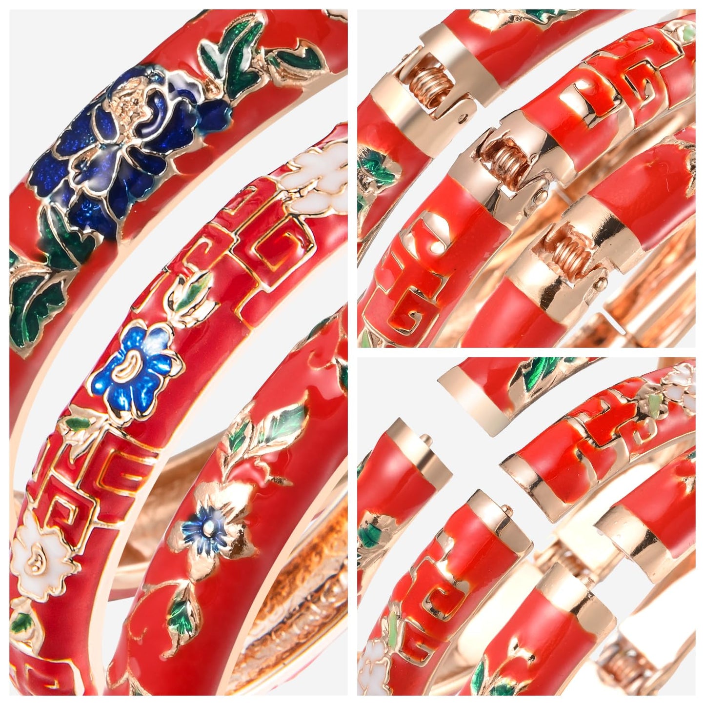 UJOY Womens Enameled Cloisonne Bracelet Gold Plated Flower Enameled Hinged Cuff Bangles Jewelry Gift 55A-3PCS red