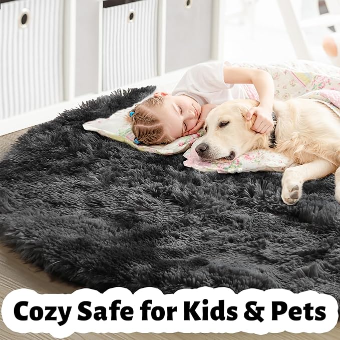 Amdrebio Tie-Dyed Dark Grey Round Area Rug 5Ft for Living Room Bedroom, Soft Furry Shaggy Circle Rugs for Classroom Playroom Dorm, Modern Cool Shag Fluffy Fuzzy Circular Carpet for Men Kids Teen Boys