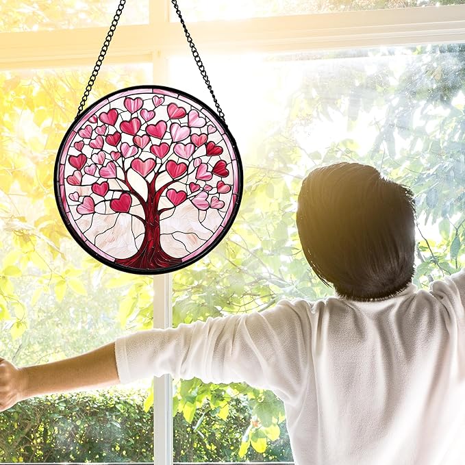 Stained Glass Window Hanging, Valentine's Day Gifts Pink Love Heart Tree Suncatcher Hangings Beige Sun Catchers Decor for Birthday for Women, Men, Wife, Aunt, Mom14.9 in