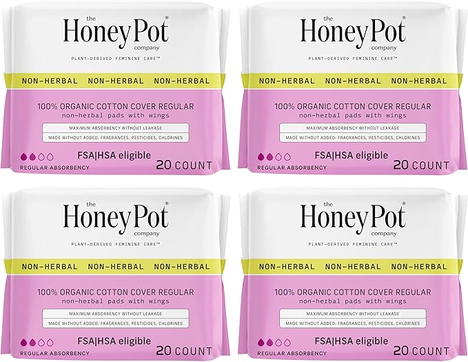 The Honey Pot Company - 80 ct - Sanitary Pads for Women - Non-Herbal Regular Flow w/Wings - Organic Cotton Cover & Ultra-Absorbent Pulp Core - Feminine Care - FSA & HSA Eligible