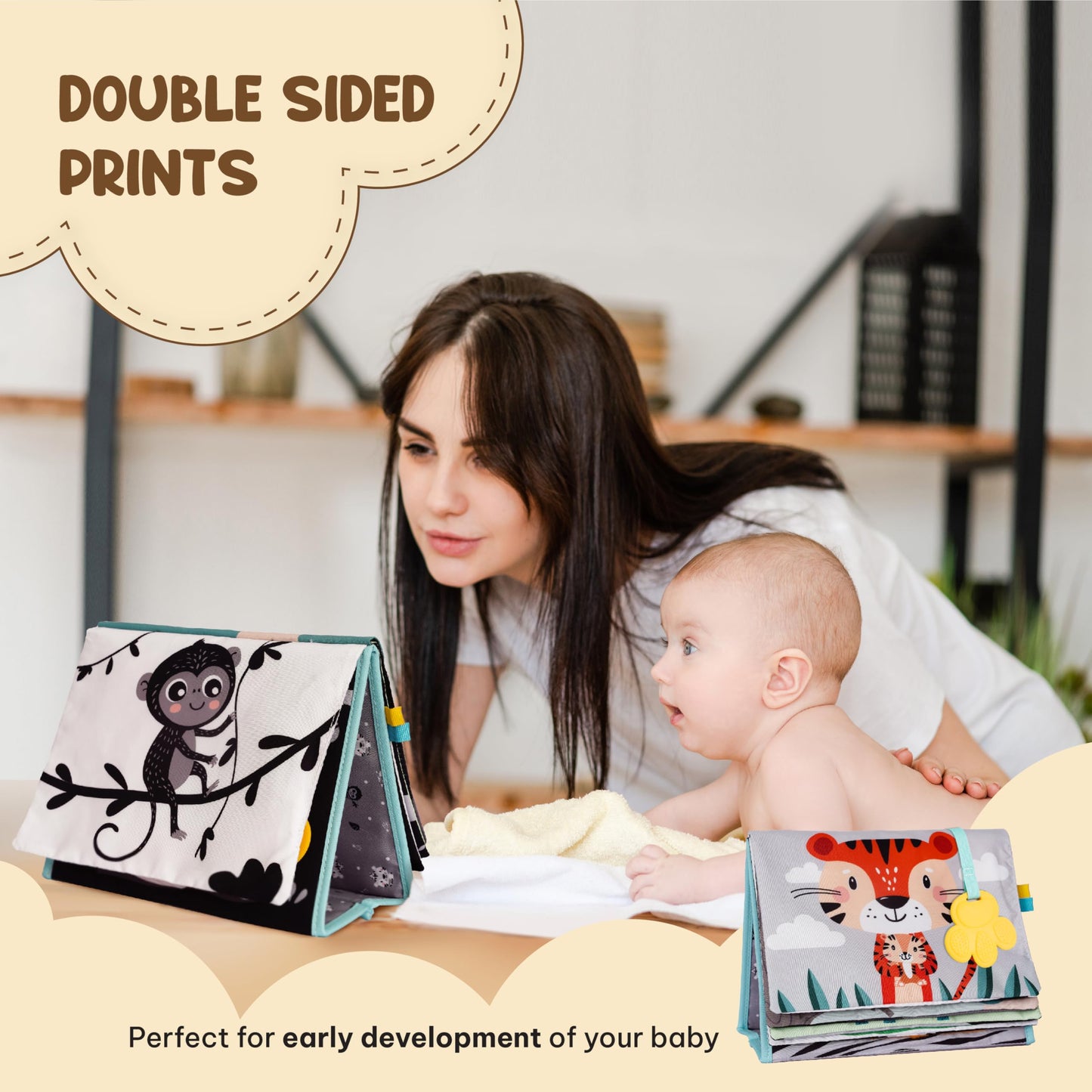 TINITIGIES Tummy Time Mirror for Babies - High Contrast Baby Mirror Book with Silicone Teether & Crinkle Pages - Tummy Time Toys for Babies 0 3 6 9 Months