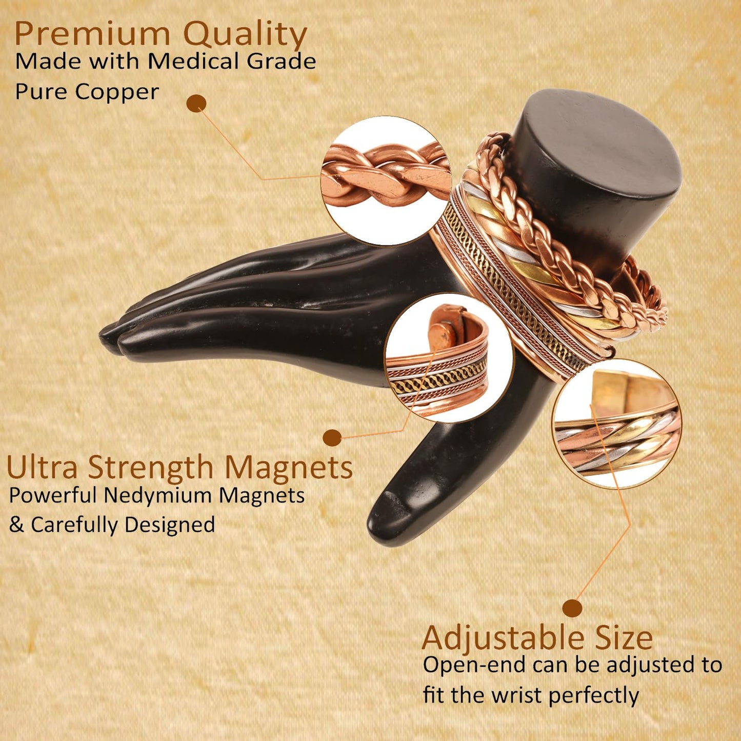 Touchstone copper bracelets | gift for men women |adjustable 100% pure solid real magnetic jewelry | handmade bracelet set combo | rope braided tibetan bangles. Set of 3 different designs