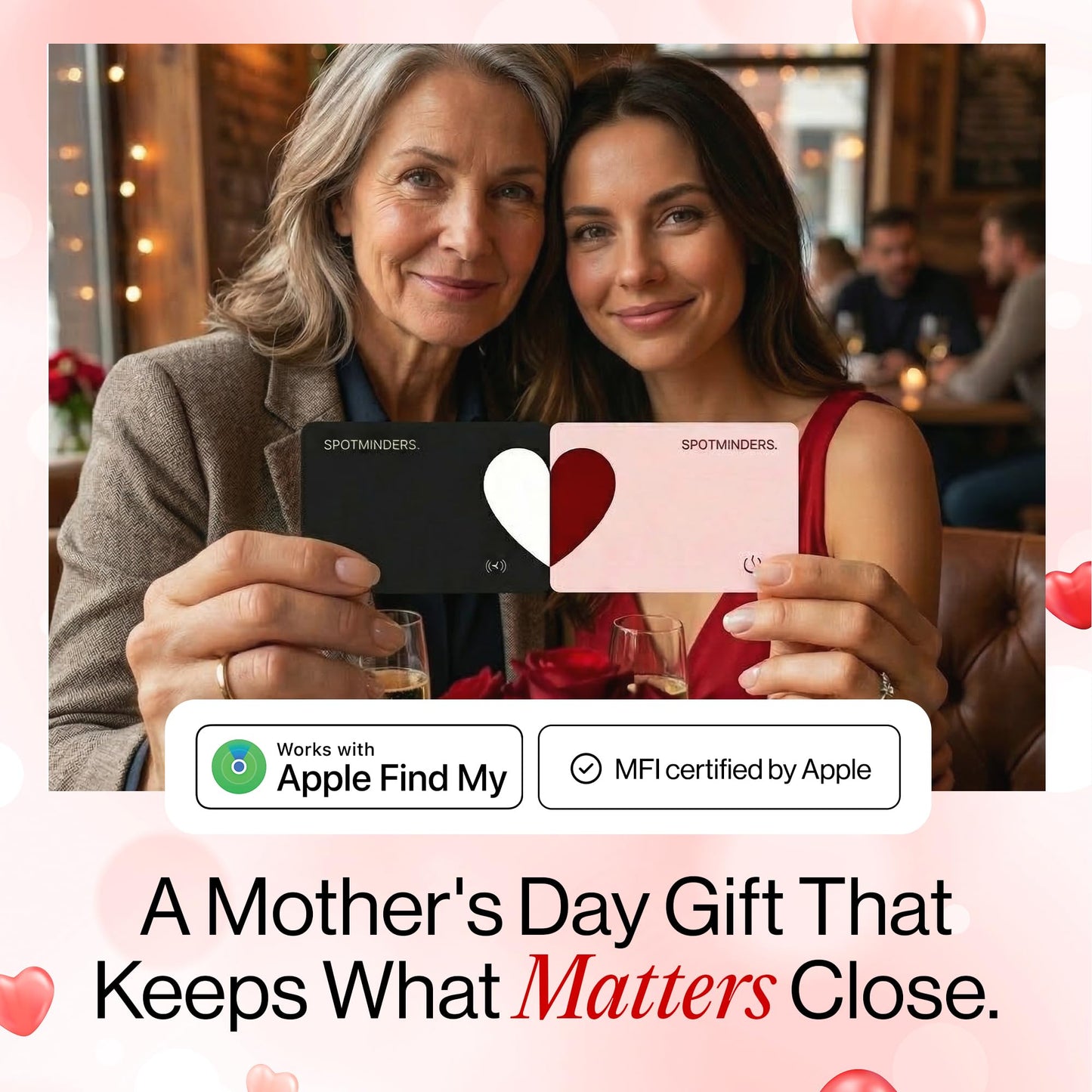 SPOTMINDERS Apple MFi Certified Wallet Tracker 2-Pack Black & Pink (iOS Only) Gifts for Mom 0.07in Works with Apple Find My Rechargeable Tracking Card Slim Item Finder for Mother's Day or Anniversary
