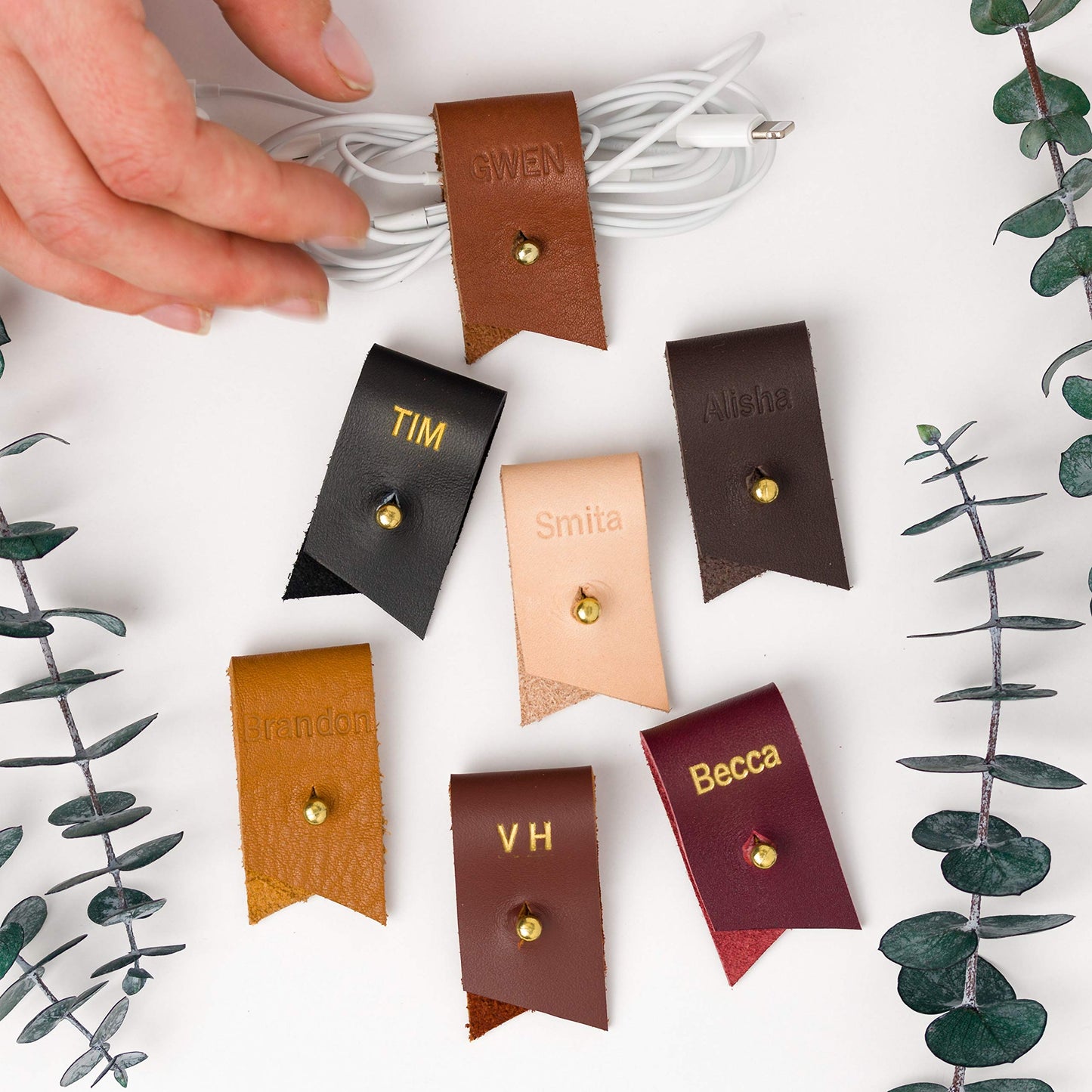 Keyaiira - Personalized Leather Cable Holder with Gold Closure - laptop charging cord keeper customized wire organizer monogram gift ideas tech and travel accessories earbud holder stocking stuffer